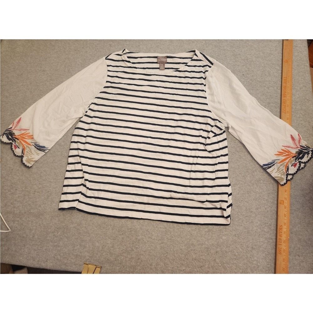 Chico's Shirt Womens 3 XL Navy White Striped 3/4 Sleeve Embroidered‎ Cuffs Boho